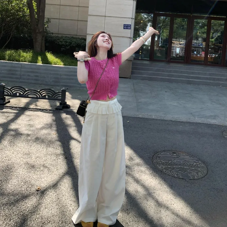 2025年夏季新款修身气质麻花针织开衫云朵褶边休闲裤两件套