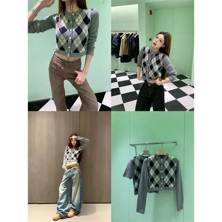 【韩剧主角登场】学院风菱格纹高腰短款针织开衫女复古长袖毛衣外套