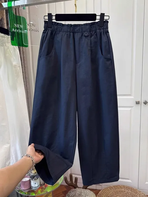 花苞松紧腰阔腿休闲裤女夏季薄款大码胖MM高腰宽松显瘦直筒九分裤