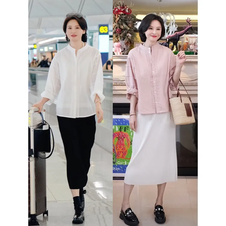 我是摩羯 半山贵妇60支匹马棉打条圆领长袖通勤百搭衬衫上衣