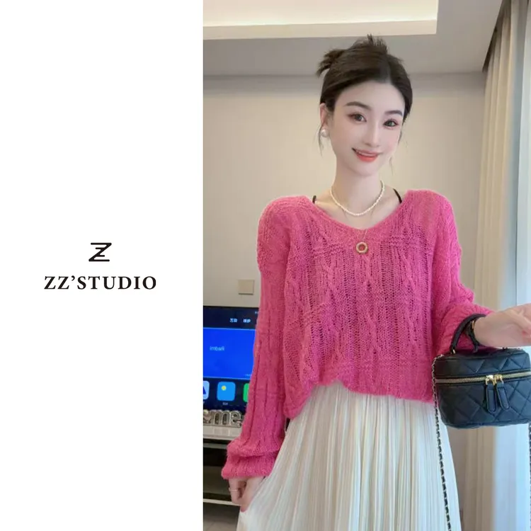 郑郑定制#早秋新款时尚V领长袖针麻花纹软糯套头针织毛衣女812