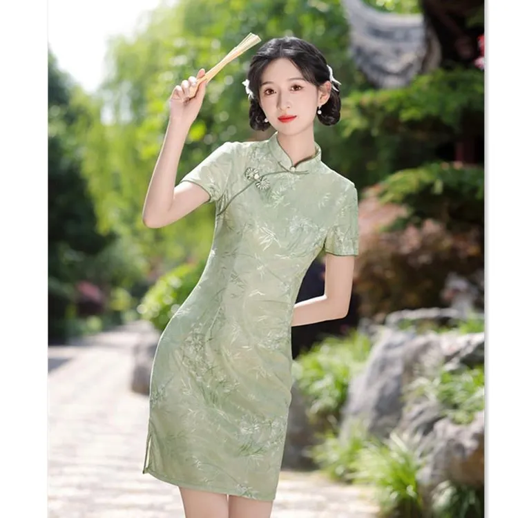 绿色一路绿灯高考旗开得胜旗袍日常可穿小个子妈妈装中考送考服夏