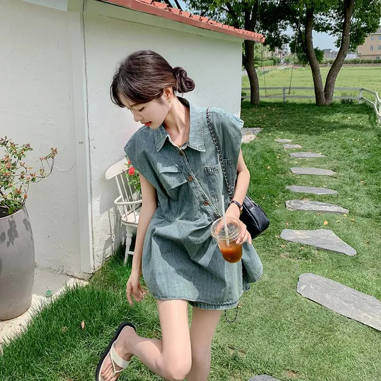 港风小众设计感牛仔套装女夏季2025新款复古不规则衬衫短裤两件套
