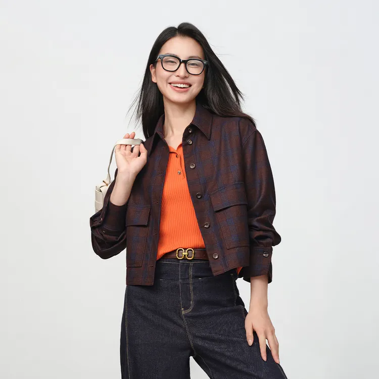 EP雅莹2025早秋新品 100绵羊毛质感翻领格子衬衫式短外套1213A