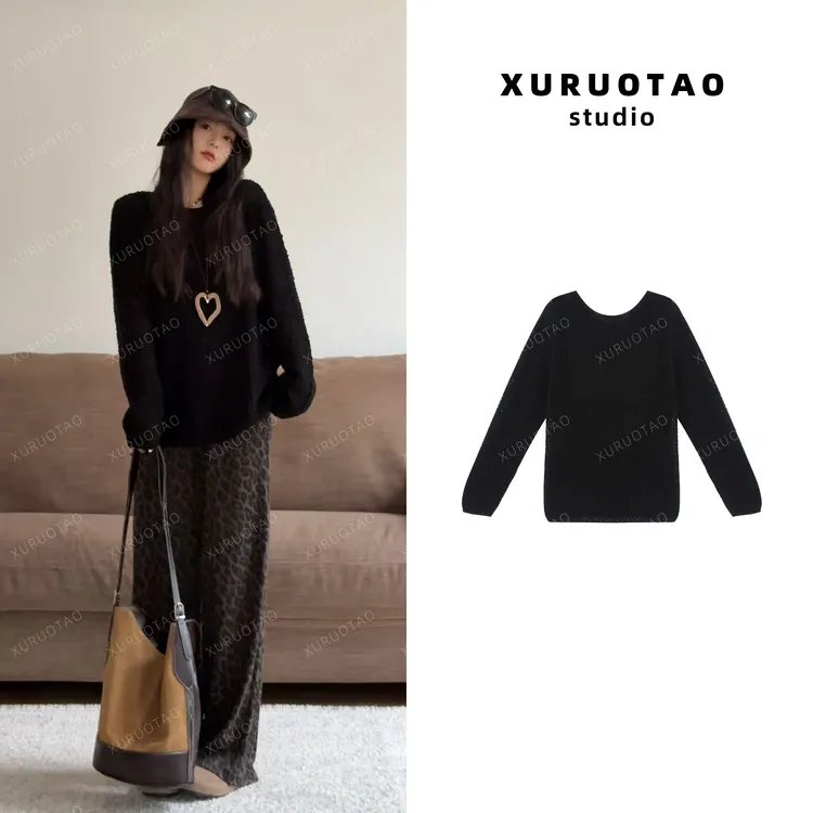 XURUOTAO 【夜琉璃】羊毛绒面百搭设计感显瘦宽松黑色上衣 T5667