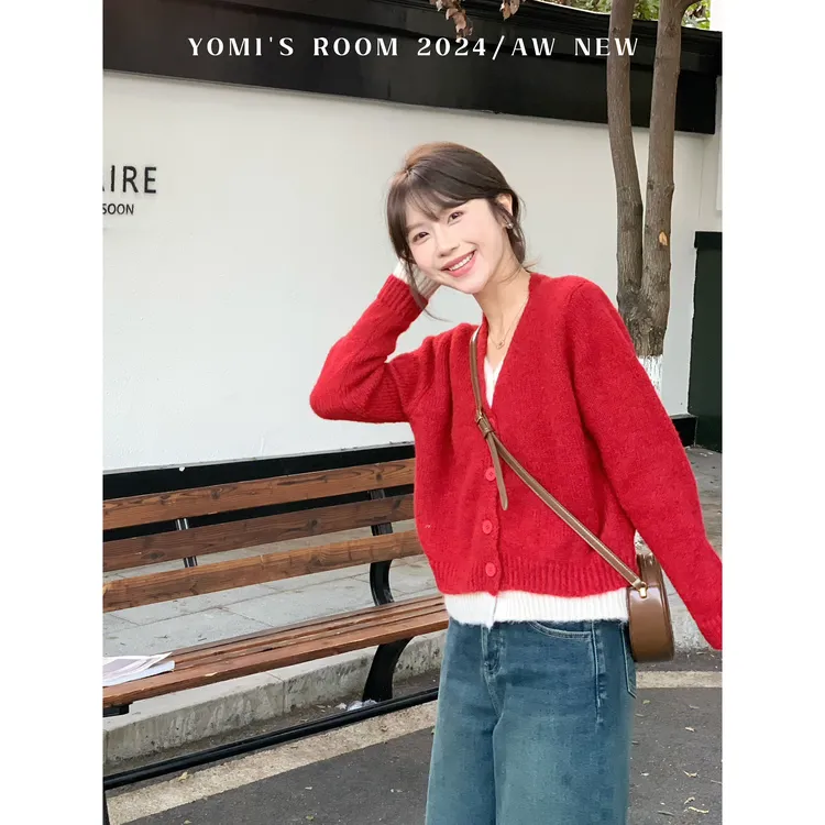 【现货】YOMI小个子定制【心动电报】假两件红色氛围感加厚毛衣冬季
