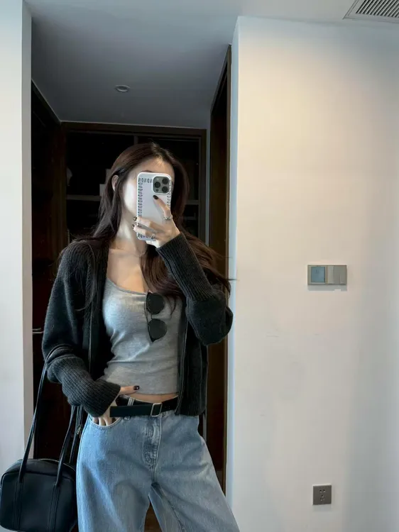 2025女秋季美式甜辣穿搭一整套拉链针织开衫外套牛仔阔腿裤两件套