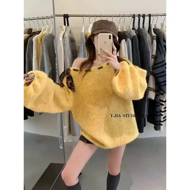 设计感豹纹拼接飘带加厚毛衣女打底季软糯斜领毛针织衫秋冬上衣
