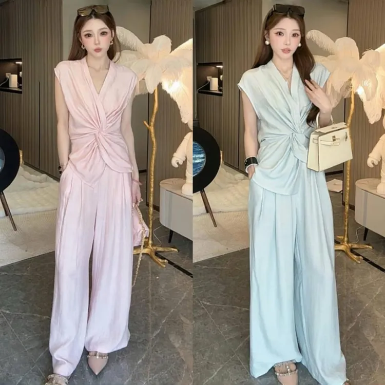 2025/YH| 盛夏物语 不对称解构扭结上衣/高腰阔腿裤套装显瘦气质