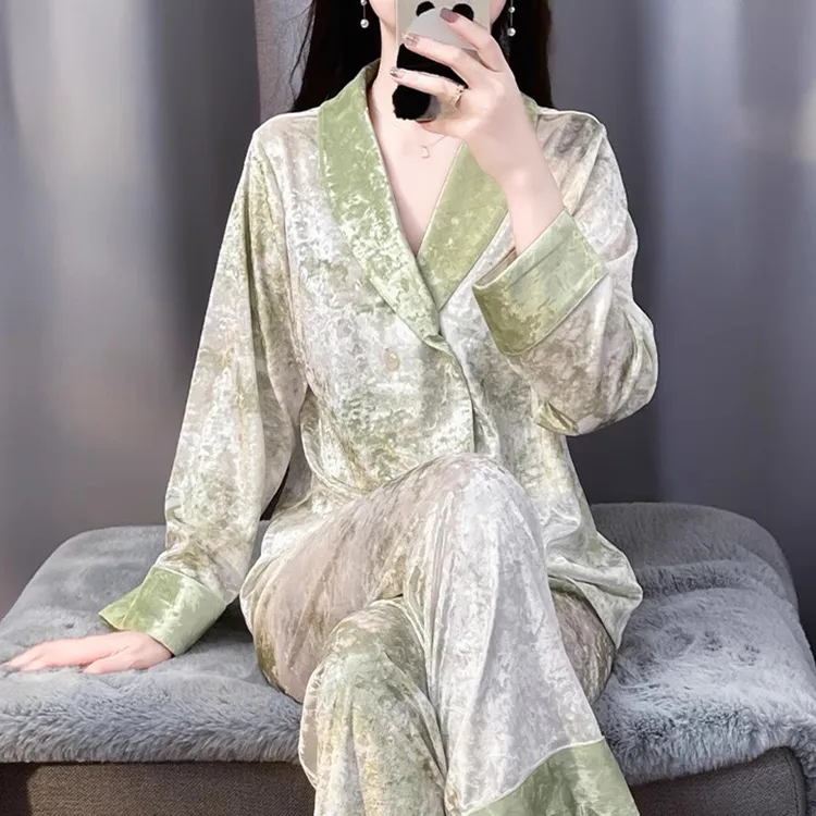 tpvl2025新款金钻绒丝绒睡衣女秋冬家居服套装高级感可外穿青果领