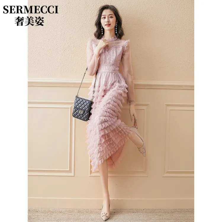 法式蛋糕连衣裙女夏2025夏装新款女装气质时尚蕾丝粉色长裙子礼服