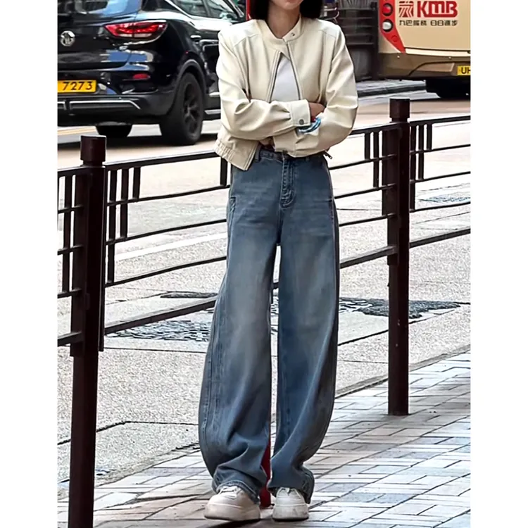 美思源弯刀阔腿牛仔裤女高腰春季2025新款宽松复古港风垂感直筒裤