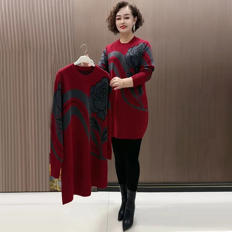 H秋季新款2025洋气妈妈大版针织衫中长款提花打底宽松遮肉毛衣裙