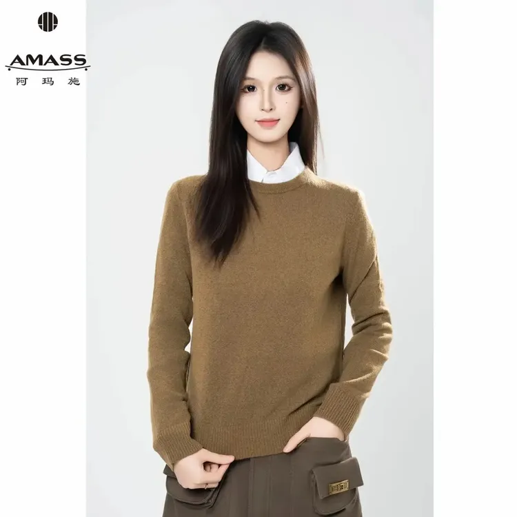 阿玛施AMASS 秋冬新款538071羊绒百搭纯色套头圆领休闲针织衫
