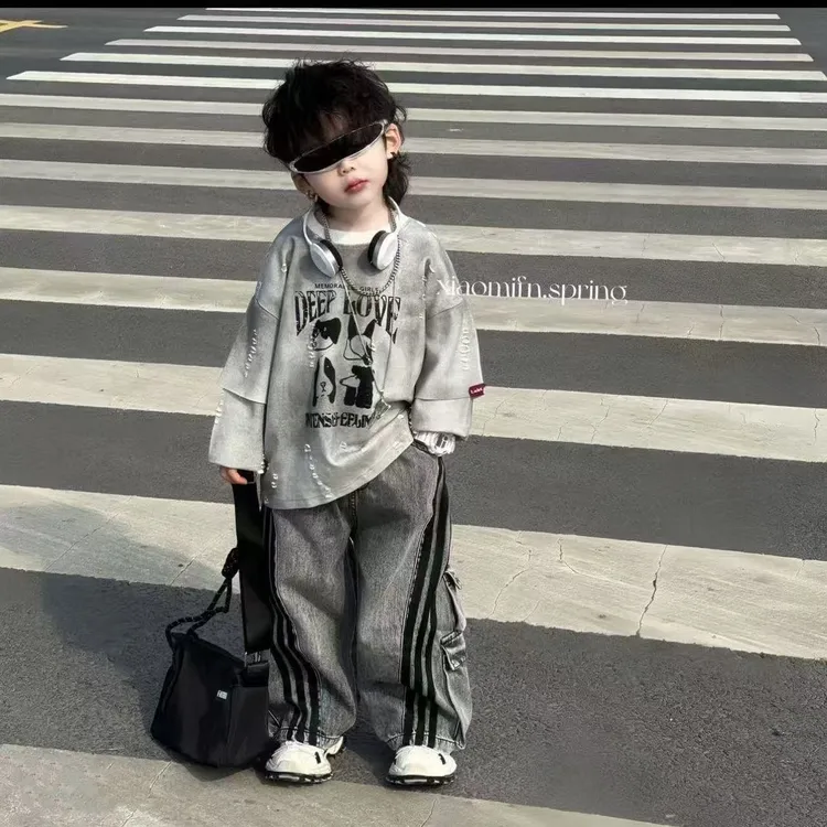 男童春季假两件卫衣牛仔裤套装宽松时尚两件套