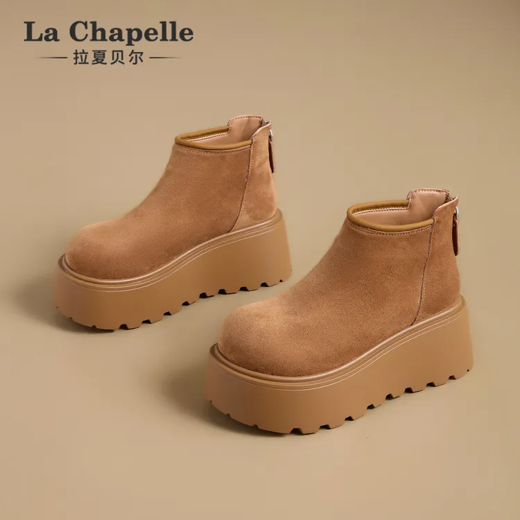 拉夏贝尔雪地靴女加绒2025冬季新款厚底6.5cm马丁靴后拉链冬季鞋
