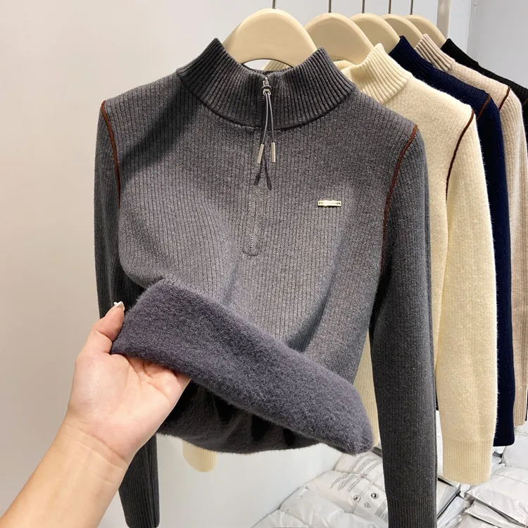 新款拉链半高领毛衣一体加绒加厚针织打底衫女秋冬百搭保暖上衣