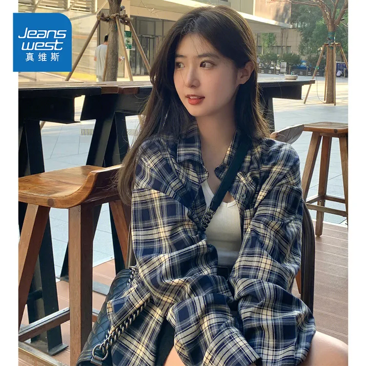 真维斯长袖衬衫女初秋款格纹小众设计感翻领外套小个子通勤风上衣