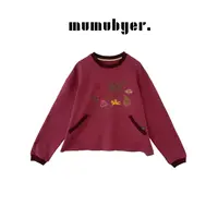  MUMUBYER •“梅巧松饼”绛紫色手工图像印花腰兜圆领卫衣