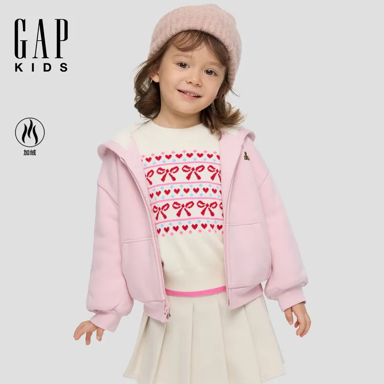 Gap婴儿2025冬季新款仿羊羔绒拉链连帽卫衣女幼童装美版842891