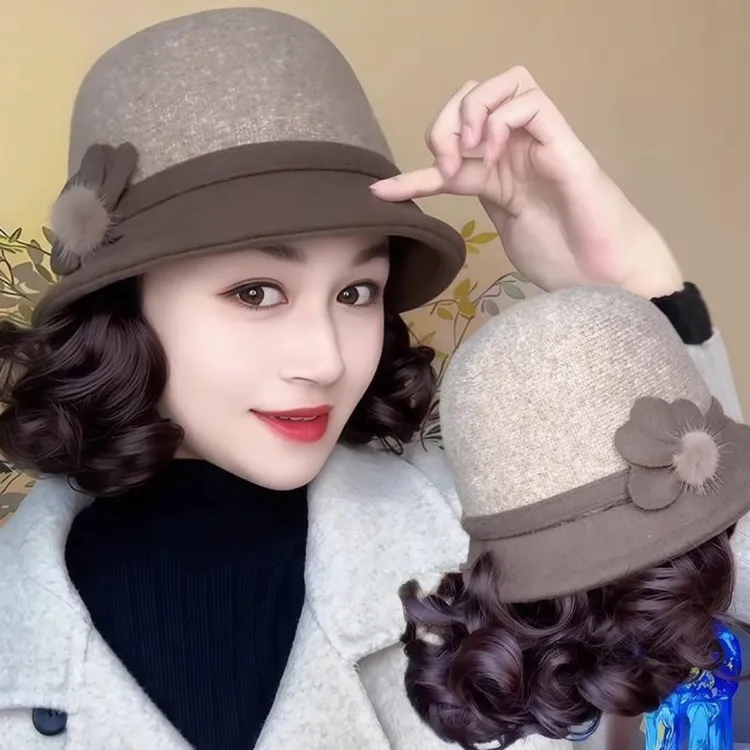 假发一体帽子女秋冬洋气渔夫帽短卷发全头套时尚妈妈款帽子假发
