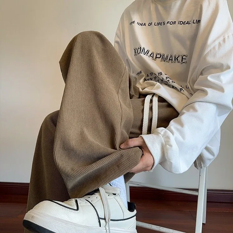 灯芯绒裤子男士春秋冬季款加绒阔腿宽松直筒运动卫裤男生休闲长裤