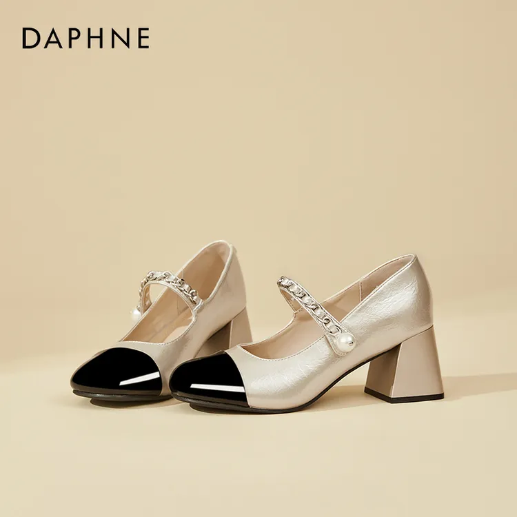 达芙妮粗跟一字玛丽珍鞋女新款夏季小香风法式经典拼色圆头高跟鞋