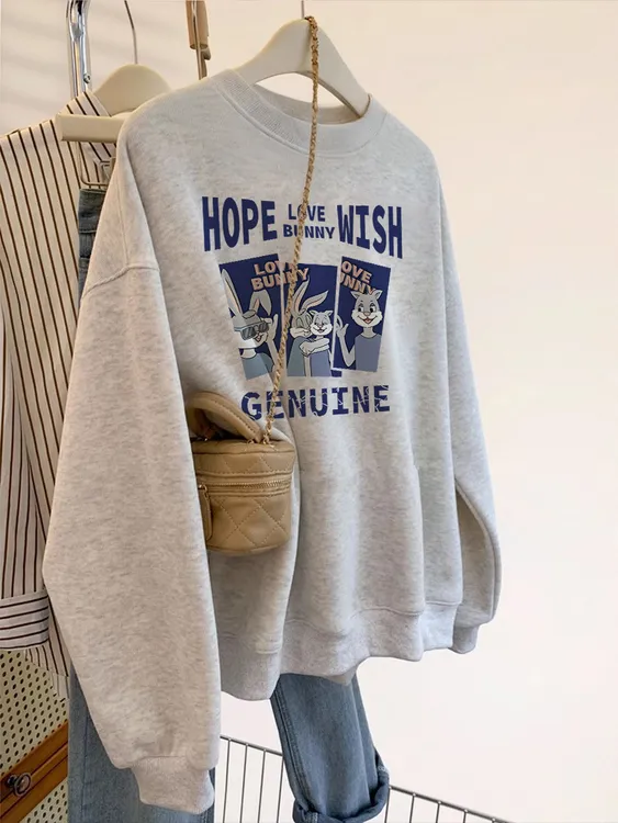 春秋长袖圆领薄款卫衣女白灰色新款休闲宽松港风加绒百搭显瘦上衣