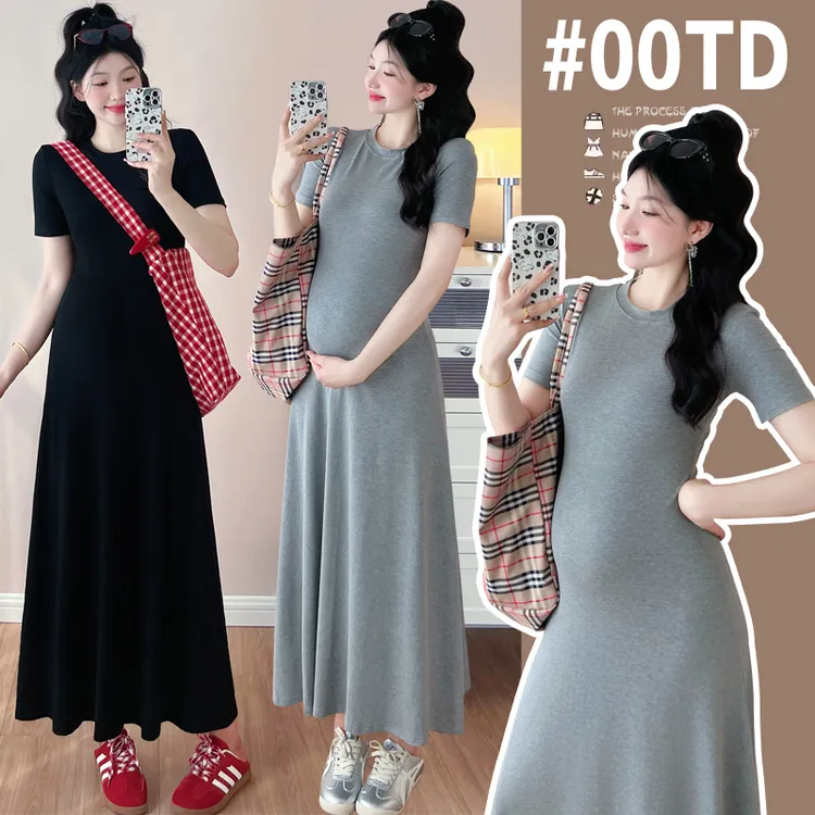 2025年时尚加长款针织孕妇连衣裙新款孕妇夏装辣妈时尚孕妇裙子女