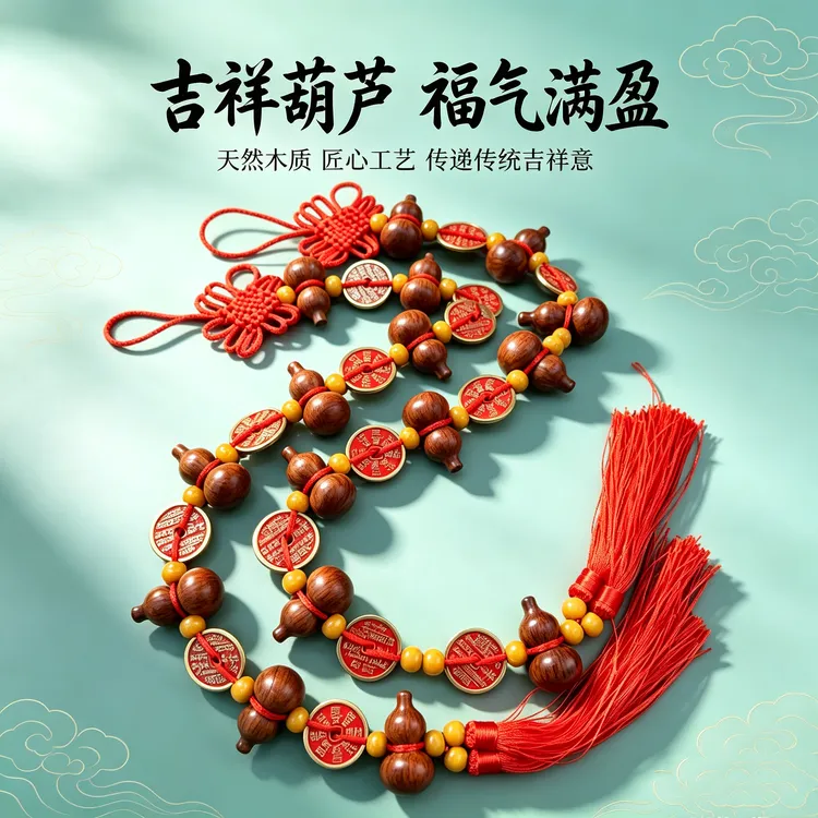 【红砂山花钱】桃木葫芦挂饰 长度70cm商品图