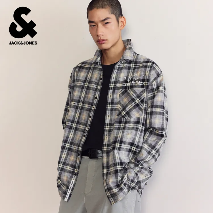 杰克琼斯男装冬季新款经典格纹衬衫纯棉舒适长袖休闲宽松翻领上衣