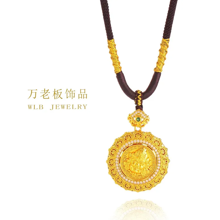 铜合金项链 WANLAOBAN 古法新中式旋转黄财神花丝圆盘项链 X095