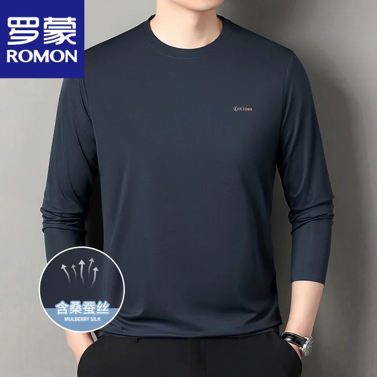 Romon/罗蒙新款桑蚕丝长袖打底衫男装秋季圆领男士薄款长袖T
