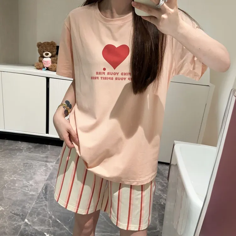 夏季韩版少女凉感睡衣爱心纯棉宽松短袖条纹裤青年家居服套装女款