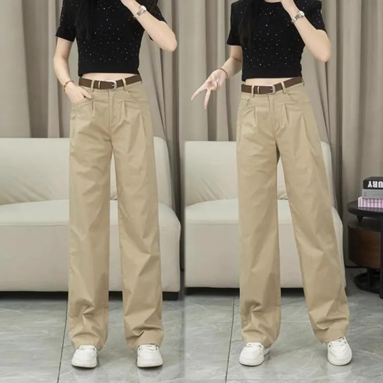 拉夏贝尔薄款窄版阔腿裤女2025夏季新款高腰显瘦直筒宽松休闲长裤