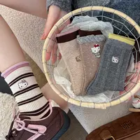 【咖妃kitty】四季款miu系卷边条纹刺绣kitty学院风女中筒堆堆袜