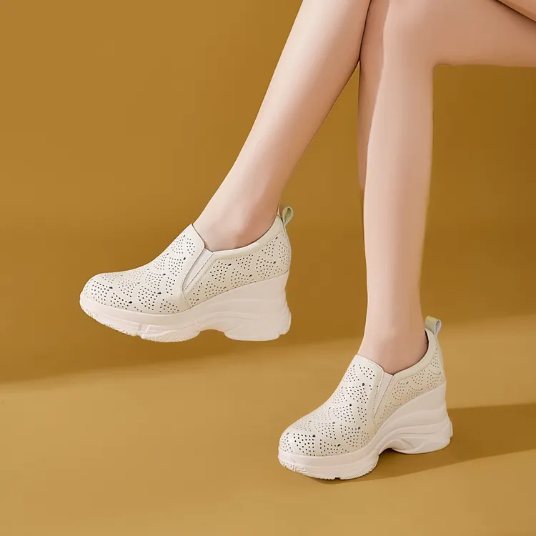 8cm小个子休闲厚底单鞋2026新款镂空真皮高跟坡跟鞋轻便不累脚