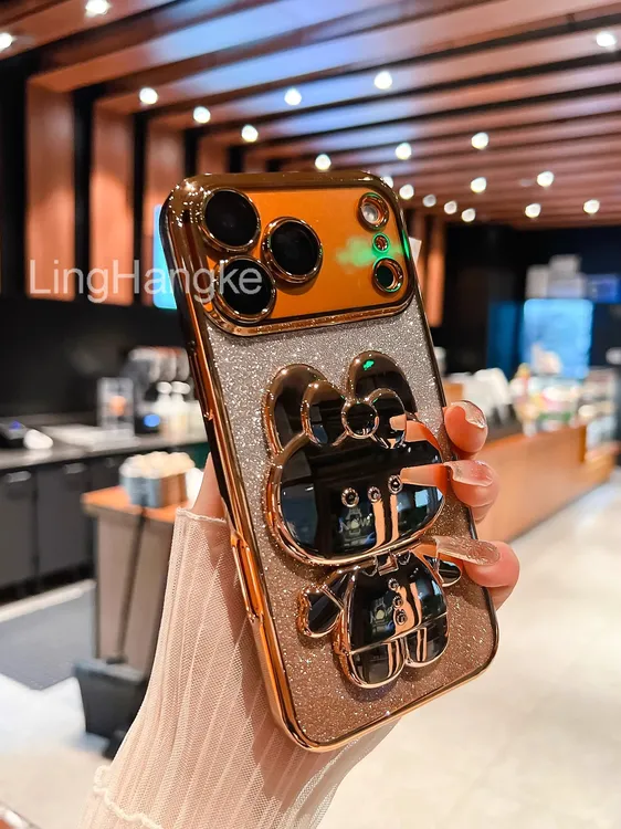 适用iPhone17promax手机壳新款16隐形兔子镜子支架全包闪粉13软15