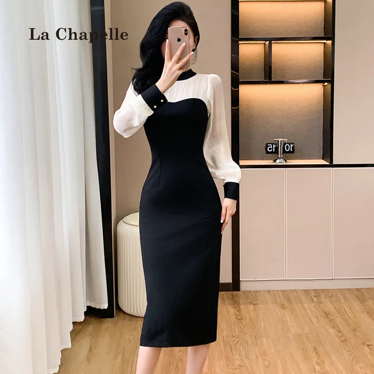 拉夏贝尔秋季拼接精致高级长裙御姐法式气质系带收腰显瘦连衣裙女