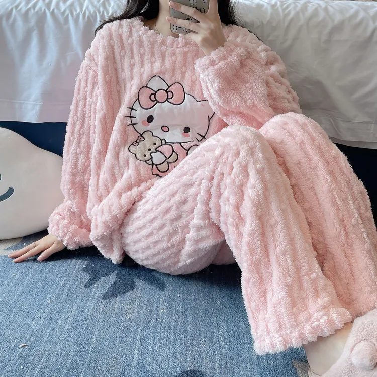 卡通猫珊瑚绒睡衣女2025冬季新款加绒加厚家居服冬季保暖长袖套装
