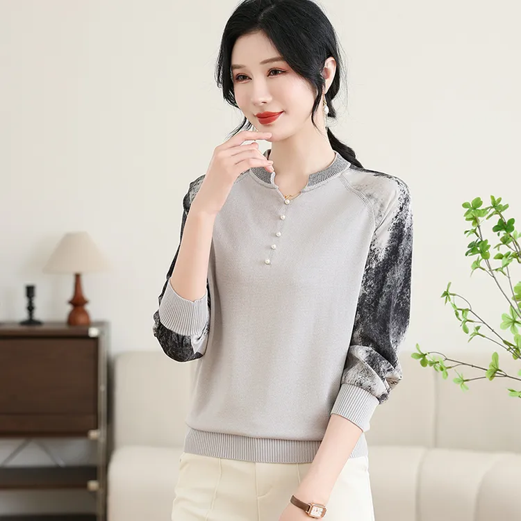 2025妈妈秋装纱袖针织上衣服洋气减龄中老年女装夏季薄款打底小衫