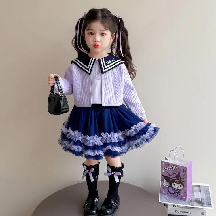 女童库洛米毛线衣三件套裙秋季2025新款小女孩甜美洋气公主裙套装