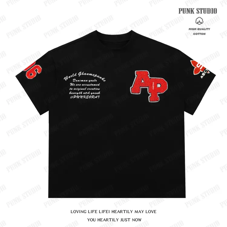 美式国潮重工艺毛巾绣字母刺绣宽松纯棉重磅T恤男女轻奢痞帅男装