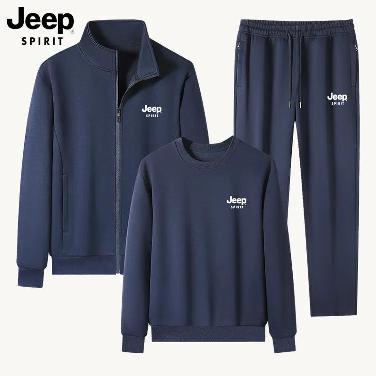 JEEP吉普运动套装男休闲春秋长袖薄款跑步连帽立领运动服男三件套