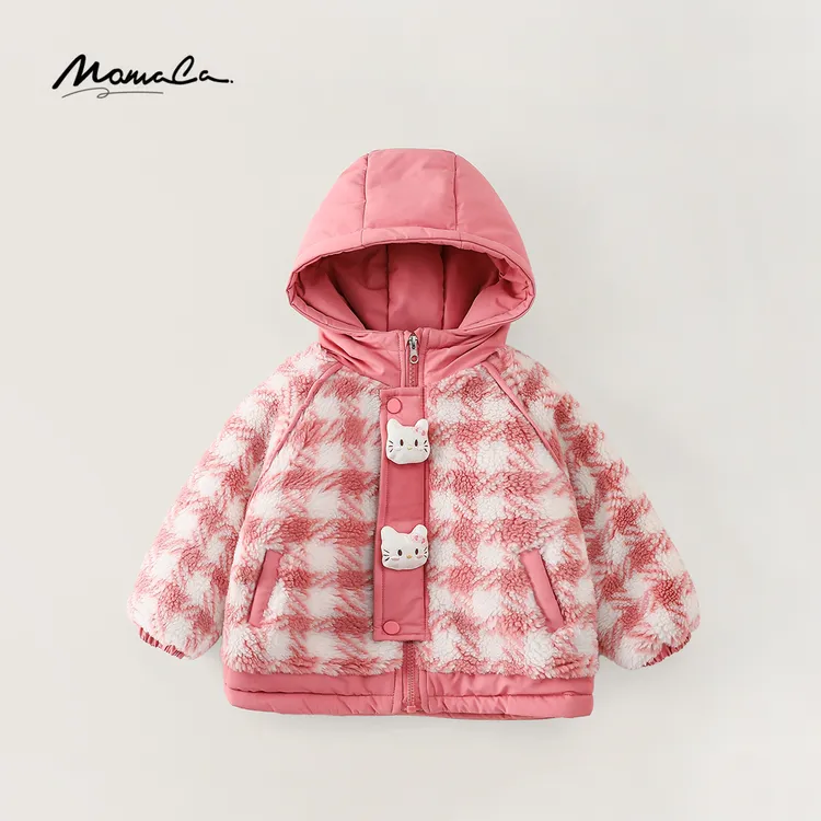 MOMOCO冬季男女童潮流格子猫咪棉服连帽外套77830123021