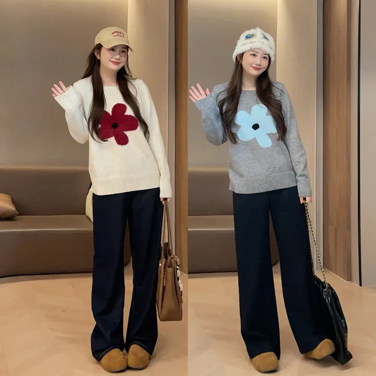 大萌萌时尚减龄拼色花朵软糯针织毛衣秋冬微胖显瘦百搭P225X22178