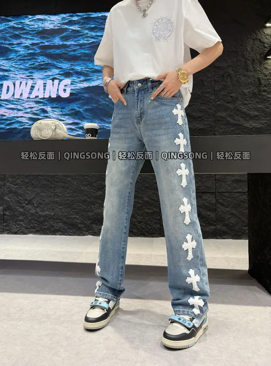 秋冬直筒宽松刺绣复古做旧十字架广州牛仔裤轻奢百搭休闲中性长裤