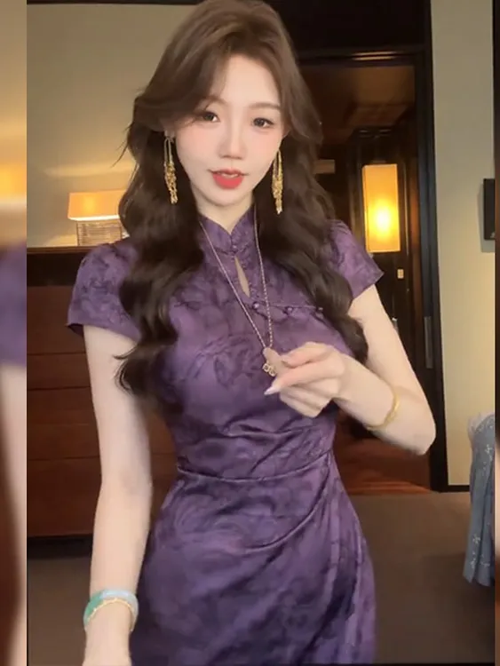 大码胖mm新中式气质紫色旗袍连衣裙女装夏季新款蝴蝶印花收腰长裙