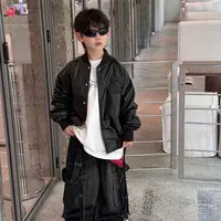 2025秋季新款纯色刺绣美式街头感皮衣外套男童高街百搭上衣潮
