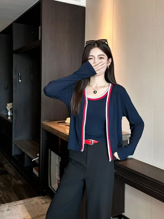 【品质正版】两件套撞色吊带背心开衫2025秋季新款韩版时尚女装上衣